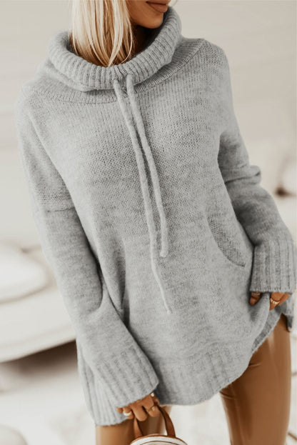 Cowl Neck Drawstring Pullover Hooded Sweater | Gray