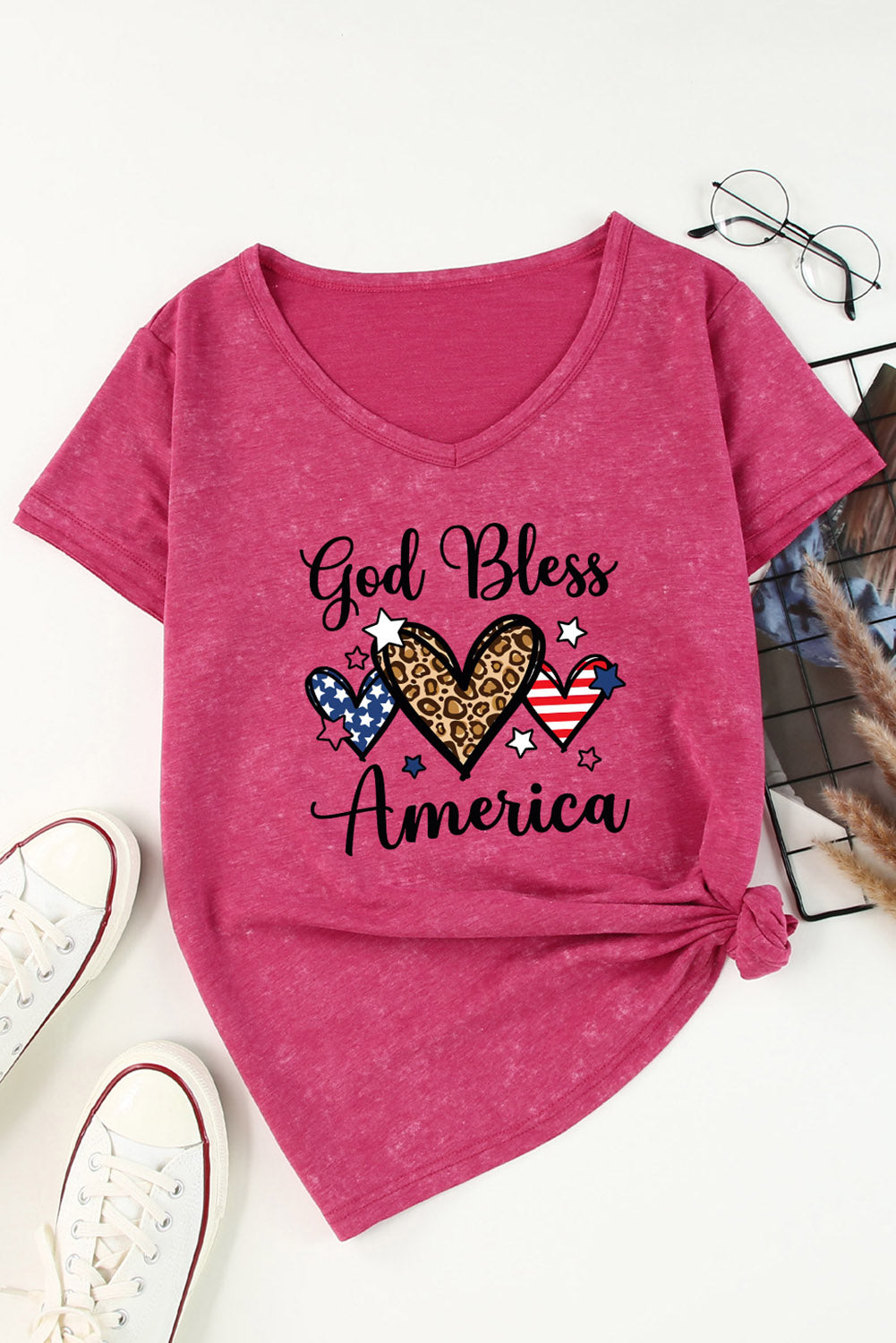 God Blessed America Hearts Graphic Mineral Wash Tee | Rose