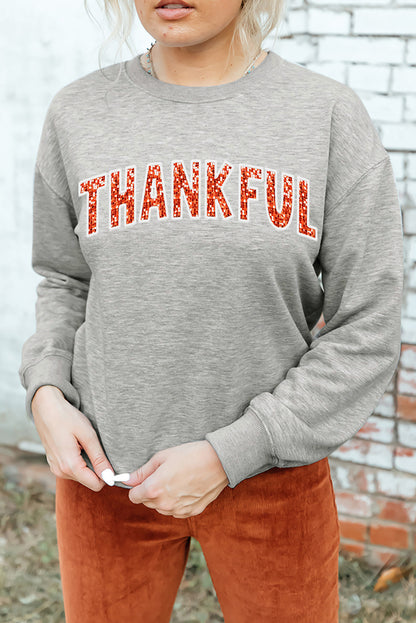 Thanksful Shiny Letter Printed Graphic Sweatshirt | Gray