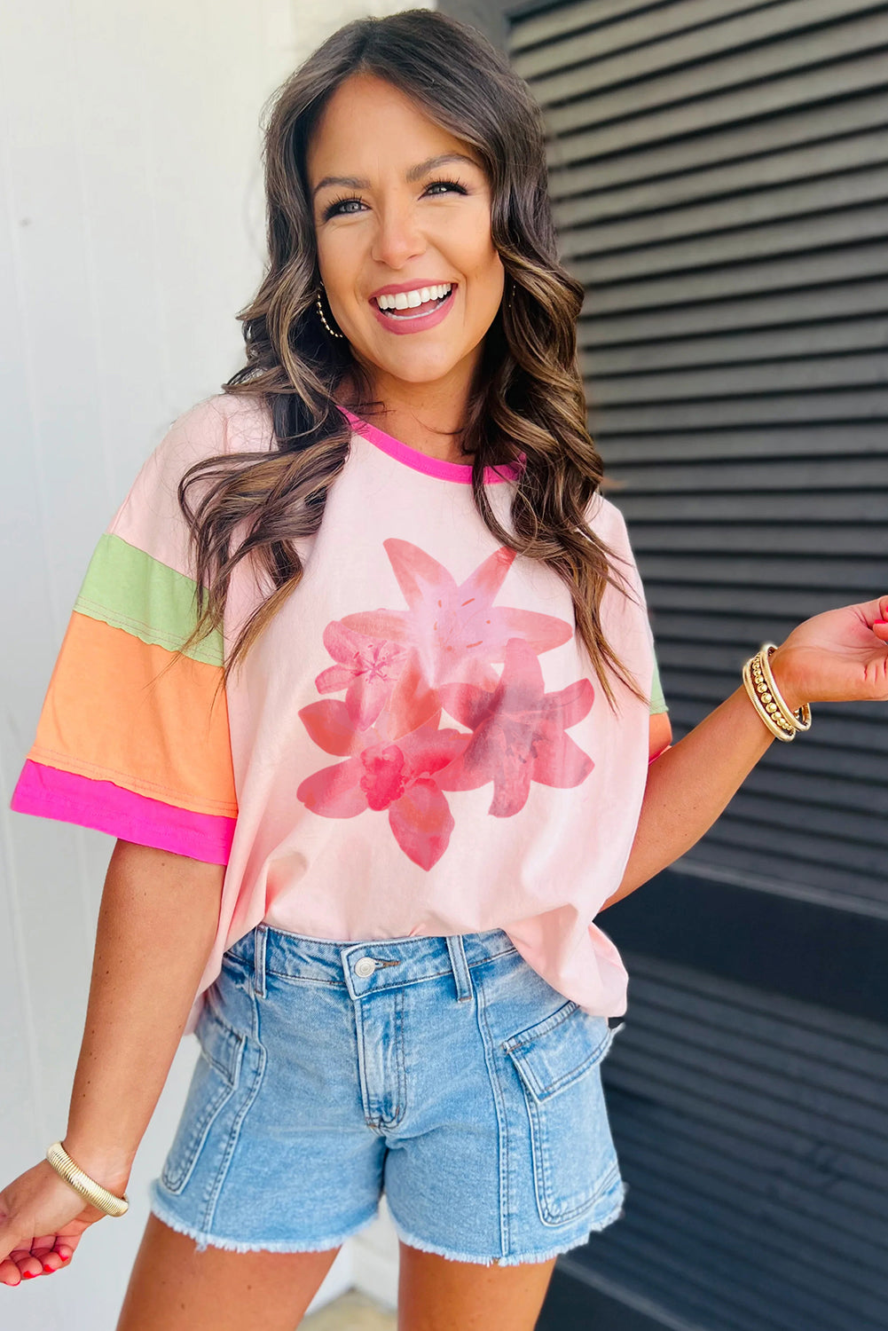 Flower Colour Block Half Sleeve Loose T Shirt | Pink