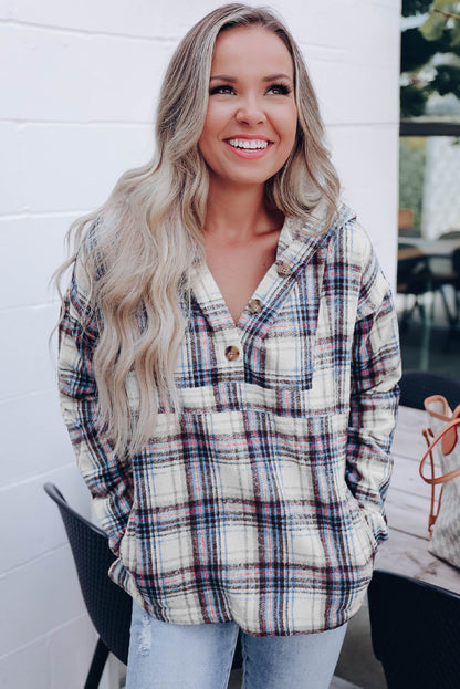 Plaid Button Neck Pocketed Pullover Hoodie | White