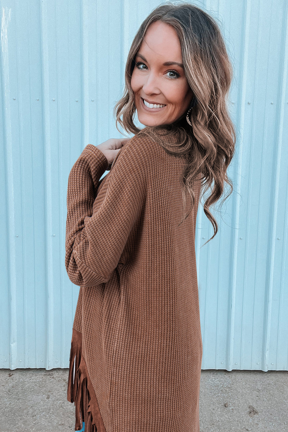 Waffle Knit Fringed High Low Loose Top | Coffee