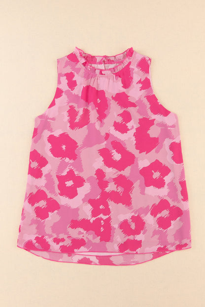 Pink  Frilled Collar Printed Tank Top | Leopard