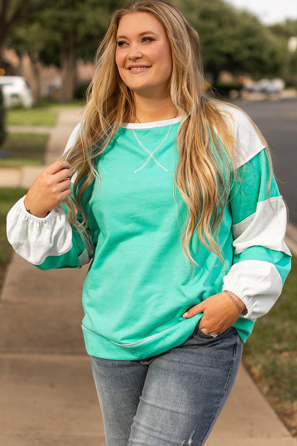 Colourblock Patchwork Cross Seam Plus Sweatshirt | Aruba Blue