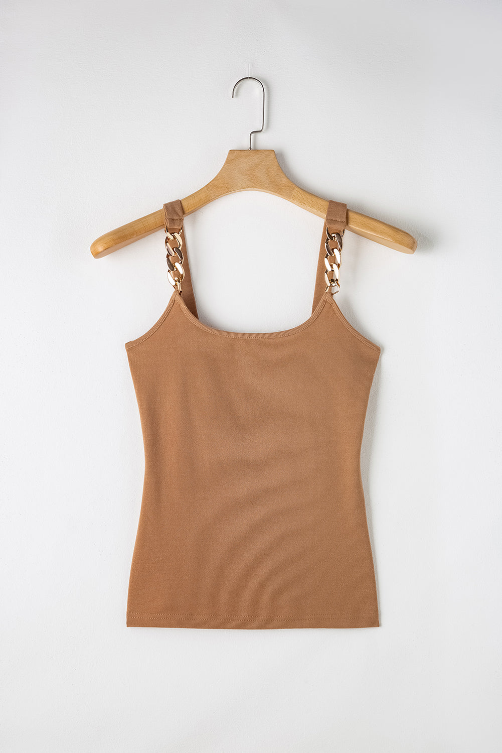 Gold Chain Straps Rib Knit Tank Top | Brown