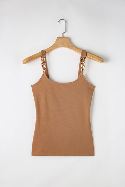 Gold Chain Straps Rib Knit Tank Top | Brown