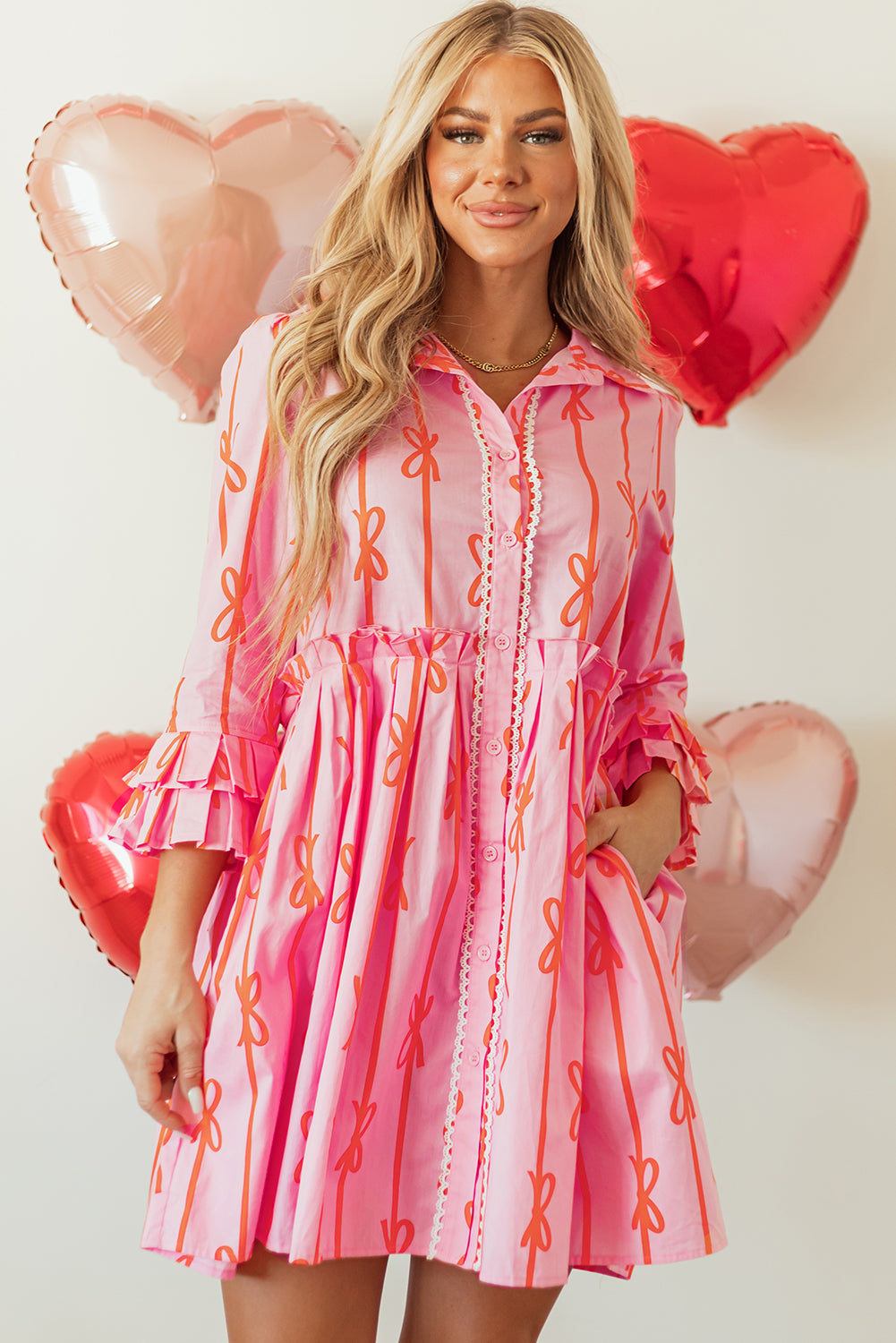 Bowknot Striped Printed Tiered Ruffled Mini Shirt Dress | Pink