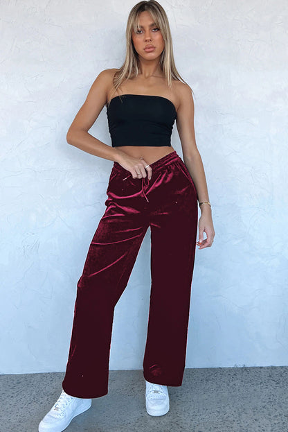 Solid Drawstring Waist Wide Leg Pants | Burgundy