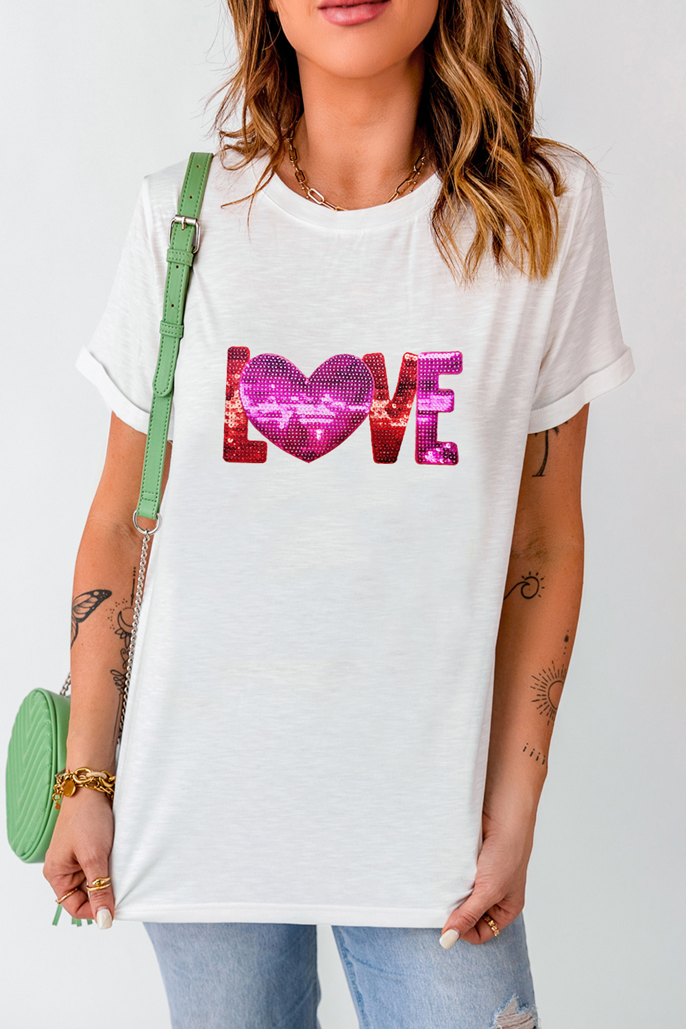 Heart Love Patched Pattern Crewneck Valentines T Shirt | White