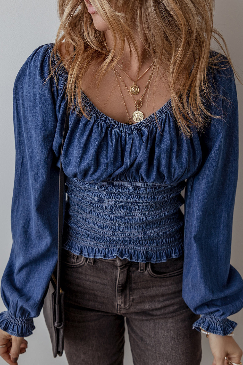 Smocked Ruffled Puff Sleeve V Neck Denim Blouse | Dark Blue