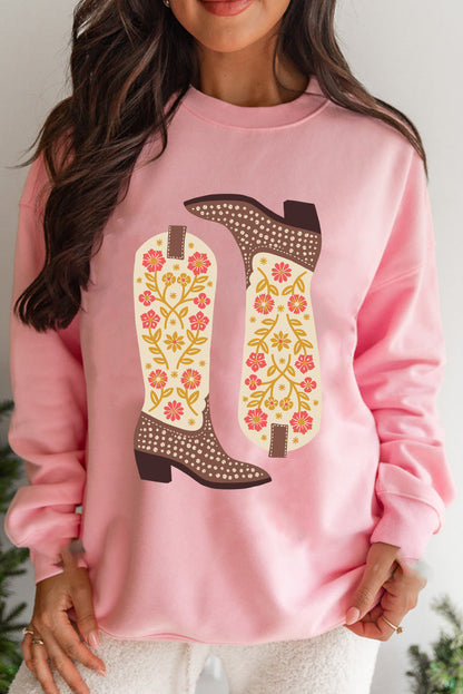 Floral Cowgirl Boots Graphic Drop Shoulder Sweatshirt | Pink