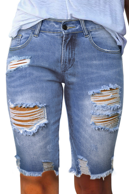 Ripped Tassel Bermuda Denim Shorts | Sky Blue