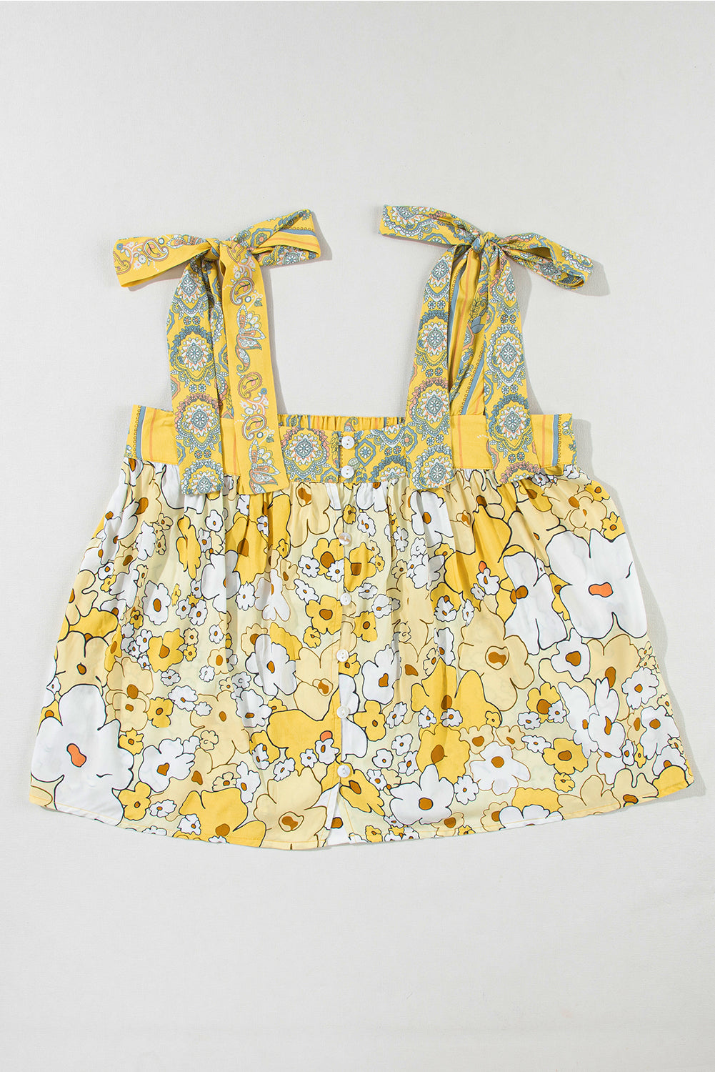 Floral Patchwork Tied Straps Buttoned Tank Top | Yellow