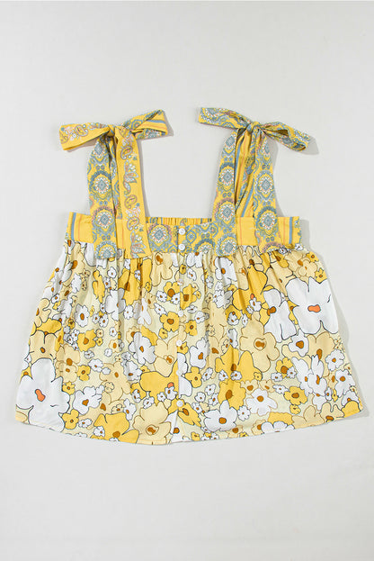 Floral Patchwork Tied Straps Buttoned Tank Top | Yellow