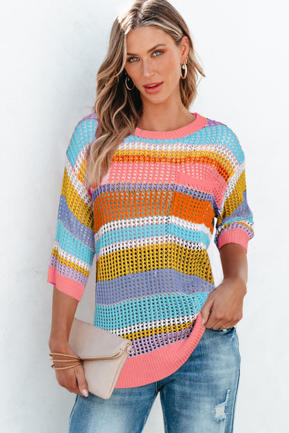 Colourblock Hollowed Crochet 3/4 Sleeve Sweater | Pink Stripe