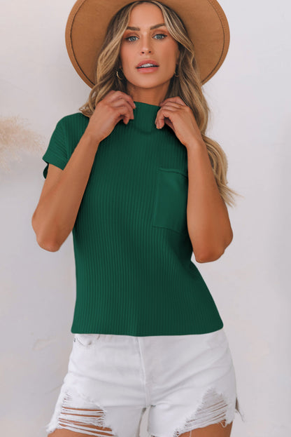 Patch Pocket Ribbed Knit Short Sleeve Sweater | Blackish Green