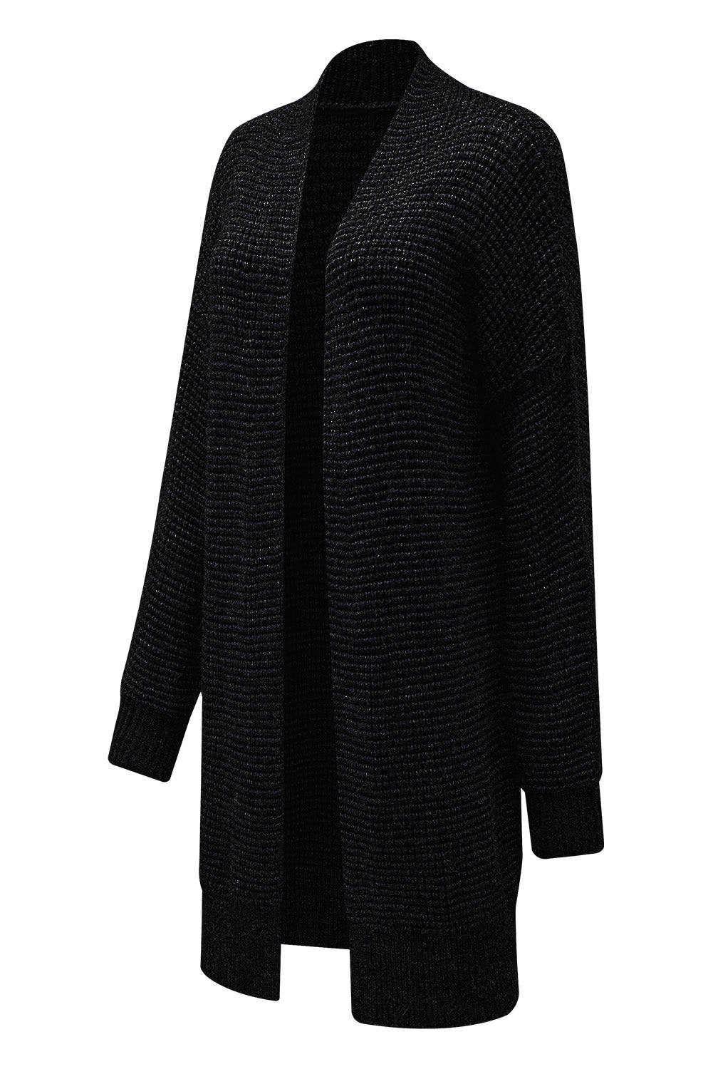 Plaid Knitted Long Open Front Cardigan | Black