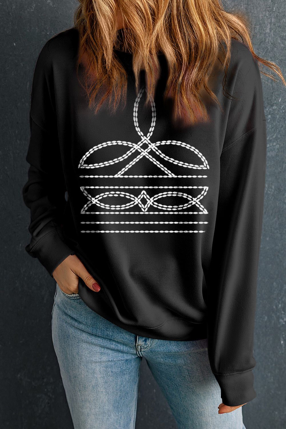 Western Pattern Print Round Neck Pullover Sweatshirt | Black