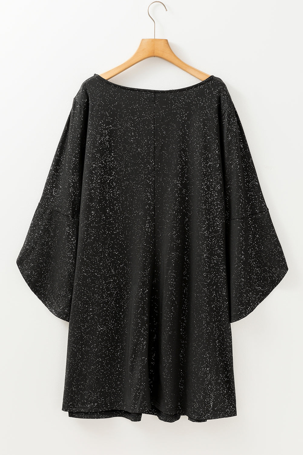 Plus Size Glitter Metallic Bell Sleeve Round Neck Mini Dress | Black