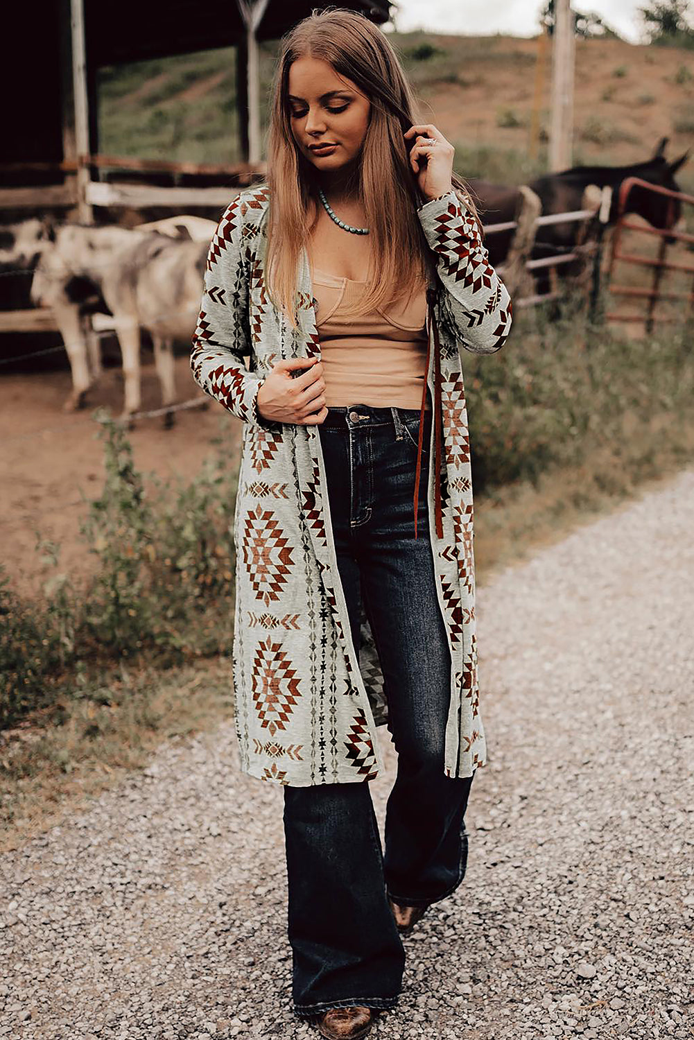 Western Aztec Printed Open Front Long Cardigan | Brown