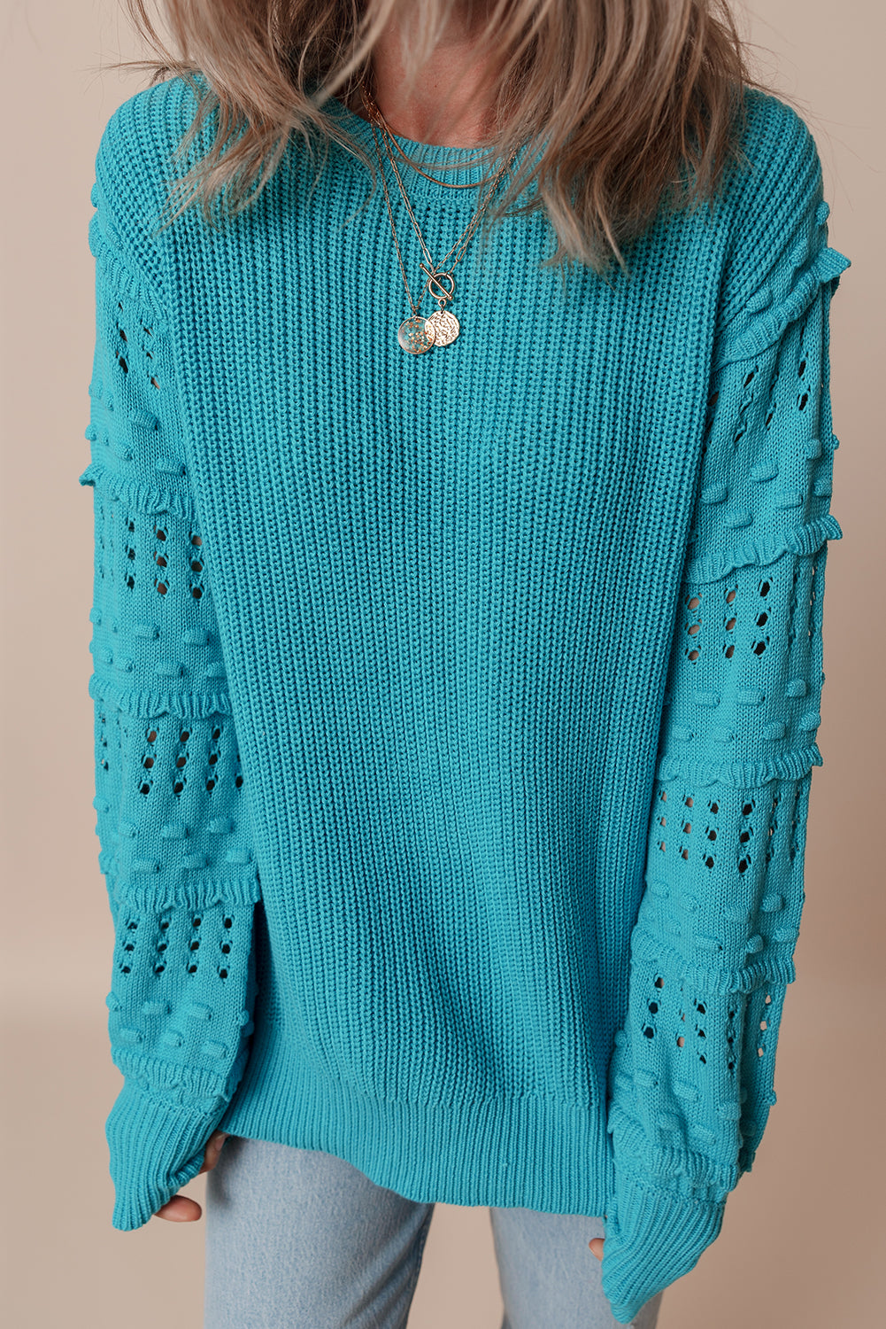 Ruffled Eyelet Bubble Sleeve Sweater | Turquoise