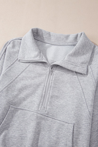 Quarter Zip Stand Neck Kangaroo Pocket Sweatshirt | Light Grey