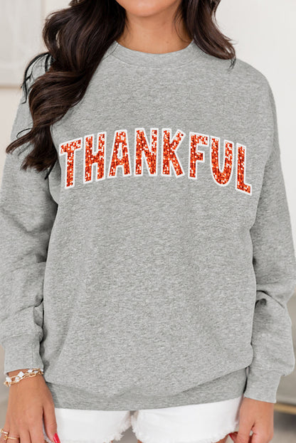 Thanksful Shiny Letter Printed Graphic Sweatshirt | Gray