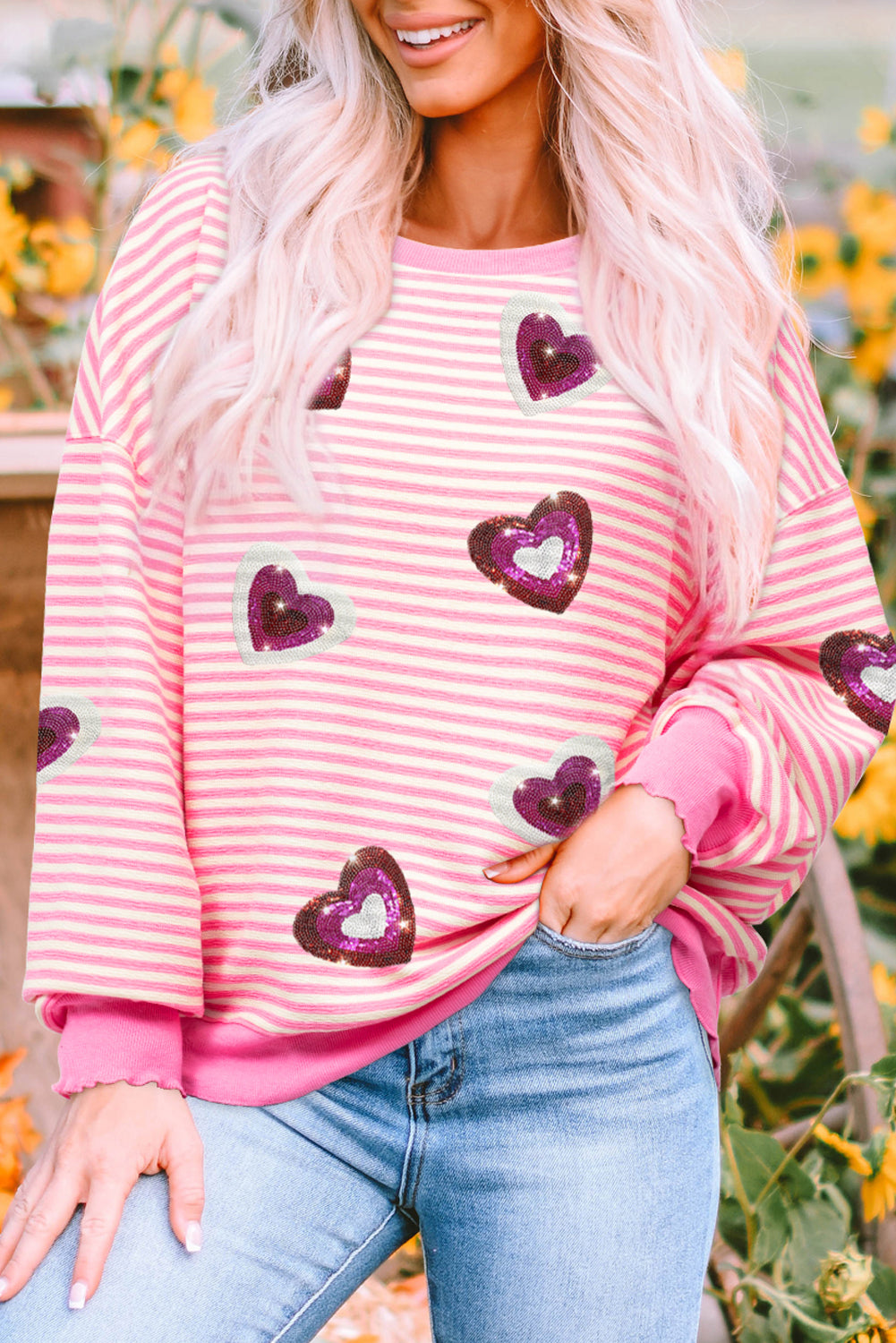 Sequin Heart Patched Pattern Long Sleeve Valentines Top | Pink Stripe