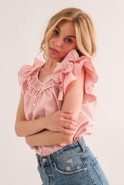 Shirring Buttoned Neck Ruffle Sleeve Blouse | Peach Blossom