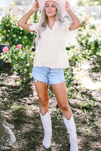 V Neck Pleated Front Ruffled Sleeve Shirt | White