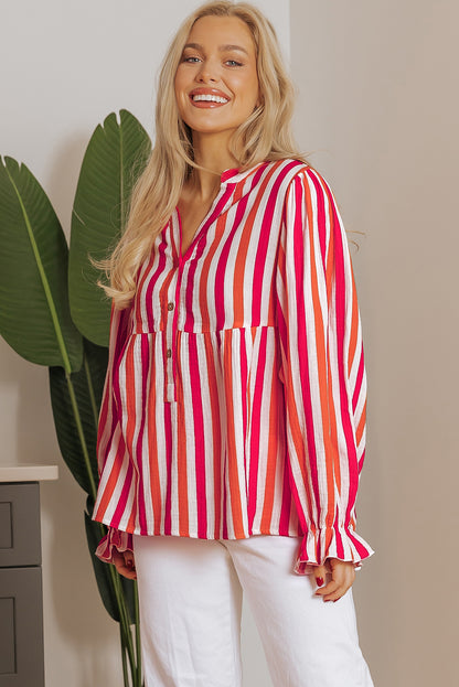 Balloon Sleeve Notched V Neck Buttoned Front Blouse | Orange Stripe