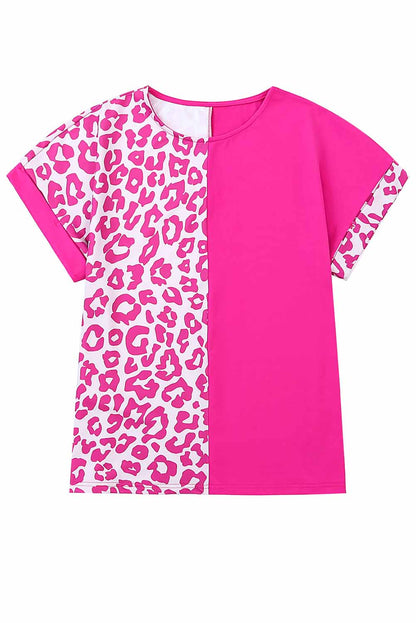 Half Leopard Patchwork Short Sleeves Top | Rose