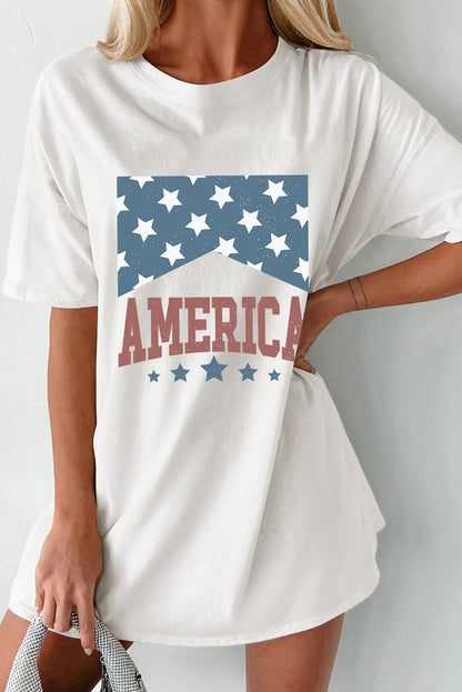 America Stars Print Round Neck Oversized T Shirt | White