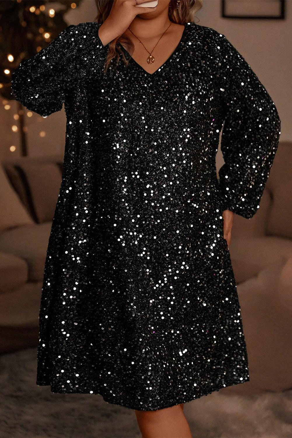 Colour Black Plus Size Bubble Sleeve V Neck Sequin Dress | Colour black