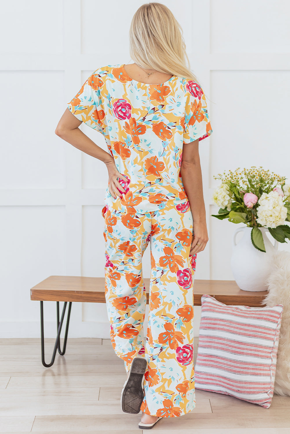 Vibrant Floral Printed Short Sleeve Top 2 Piece Pants Set | Orange