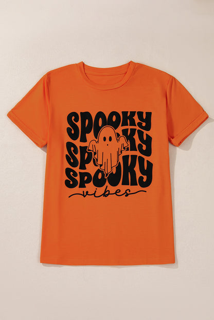 Spooky Vibe Ghost Print Crewneck Halloween T Shirt | Orange