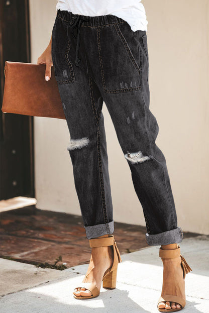 Gather Round Distressed Pocketed Denim Jogger | Black