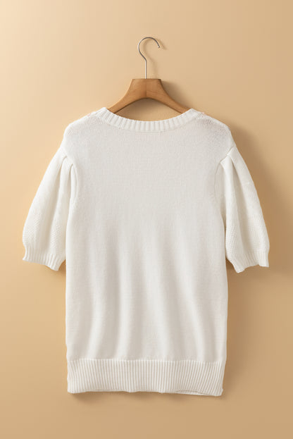 Multicolour Stitch Detail Cable Knit Short Sleeve Sweater | White