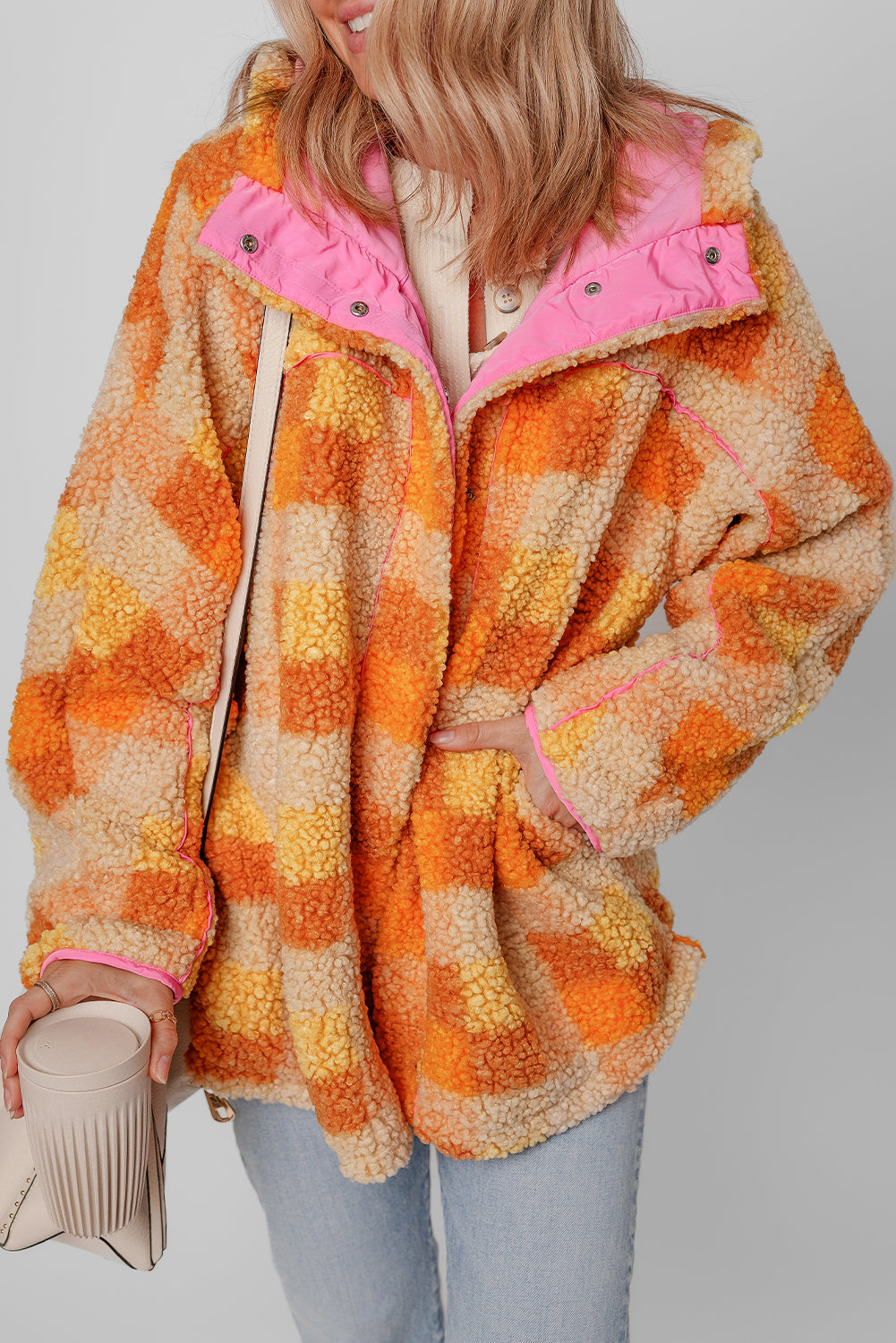 Checkered Sherpa Hooded Jacket | Orange