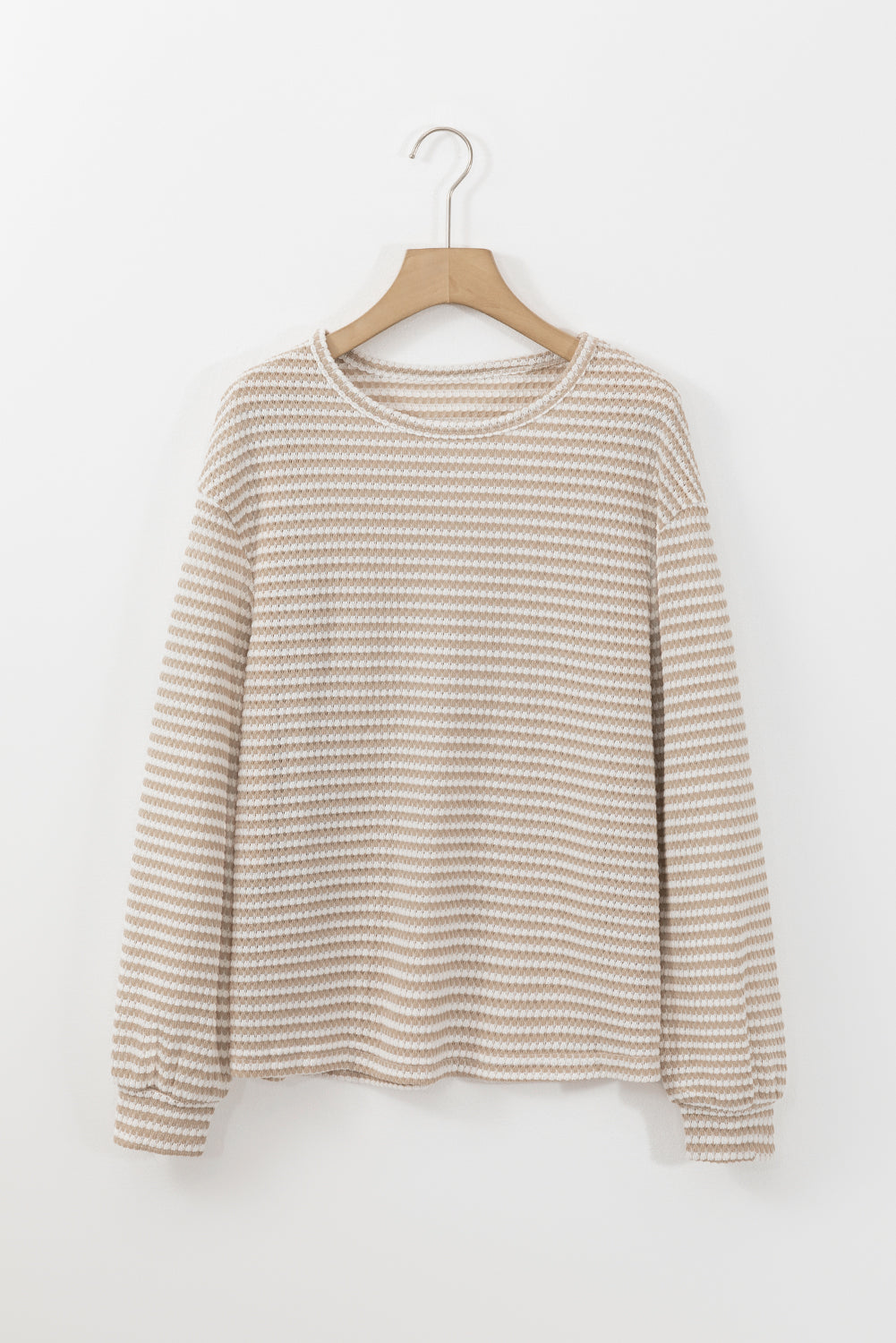 Round Neck Drop Shoulder Long Sleeve Top | Khaki Stripe