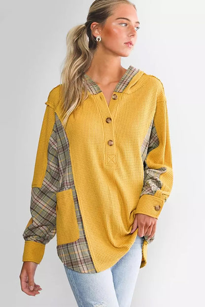 Waffle Knit Plaid Patchwork Pocketed Henley Hoodie | Yellow