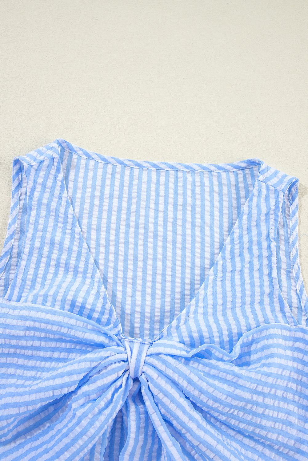 V Neck Bowknot Crop Tank And Shorts Set | Sky Blue Stripe