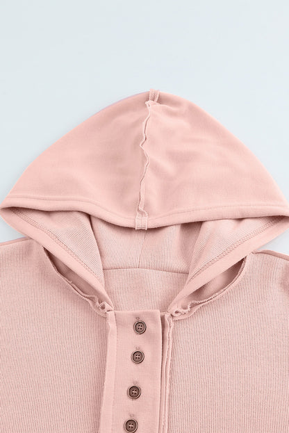 Casual Button Solid Patchwork Trim Hoodie | Pink