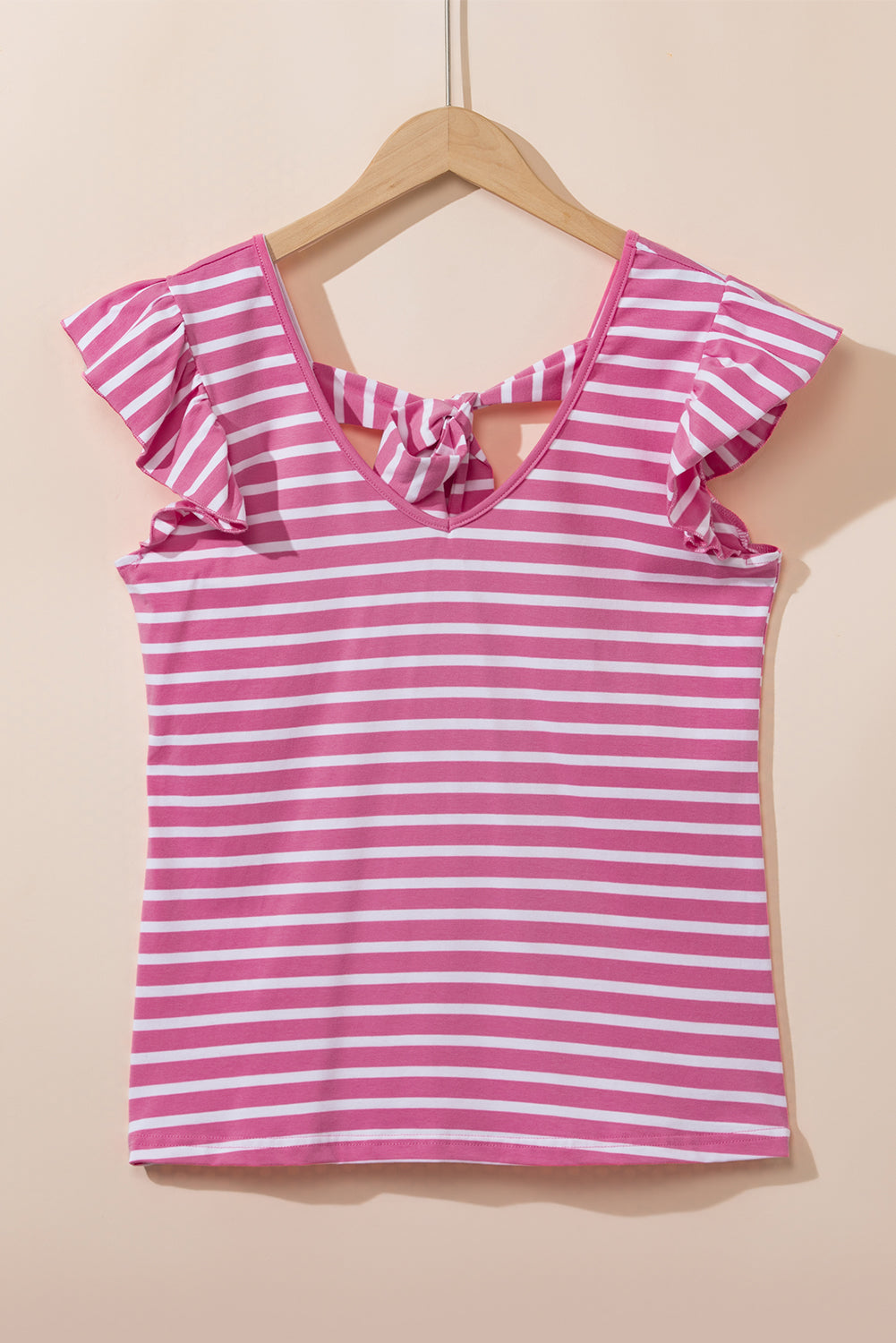 Butterfly Sleeve V Neck Hollowed Knot Back T Shirt | Pink Stripe