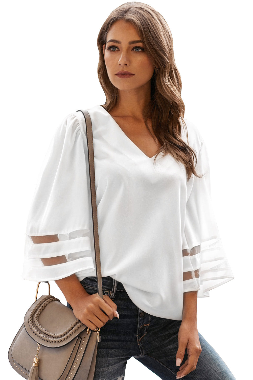 Flare Sleeve V Neck Loose Blouse | White