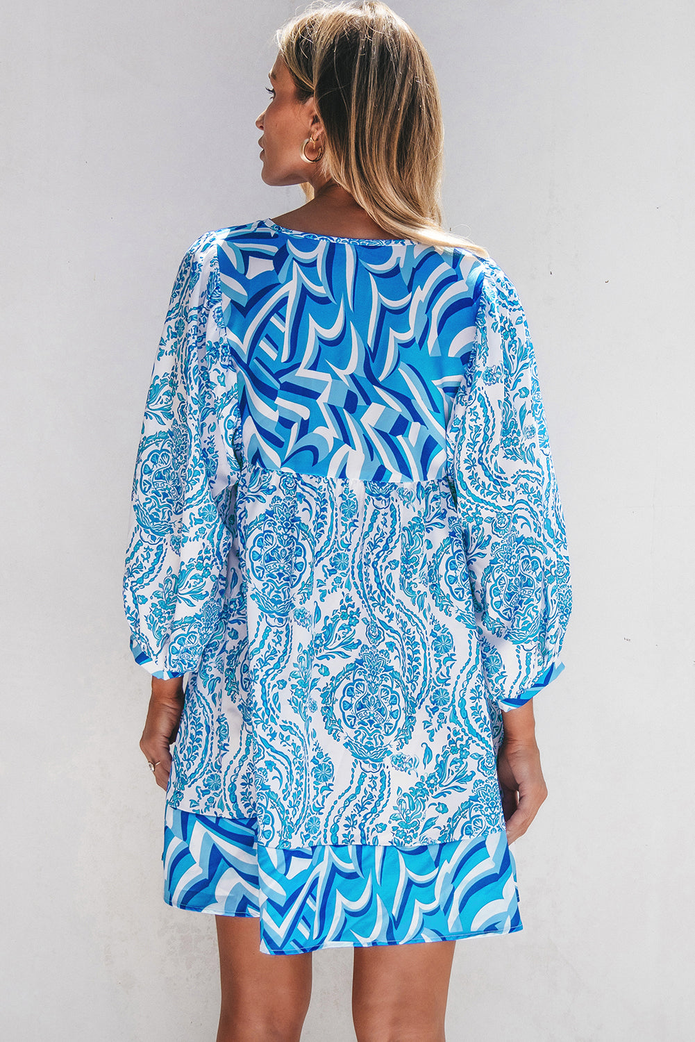 Bohemian Print Puff Sleeve Tied V Neck Flared Mini Dress | Sky Blue