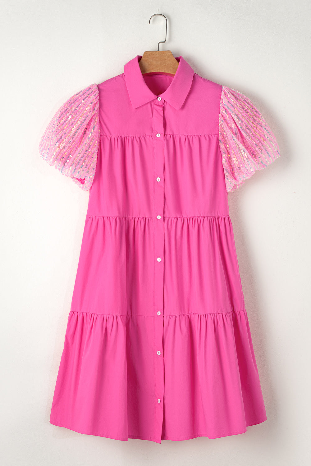 Sequined Bubble Sleeve Tiered Ruffled Shirt Dress | Bonbon