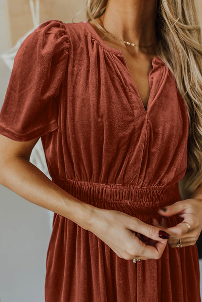 Velvet Short Sleeve Shirred Waist Tiered Maxi Dress | Chestnut