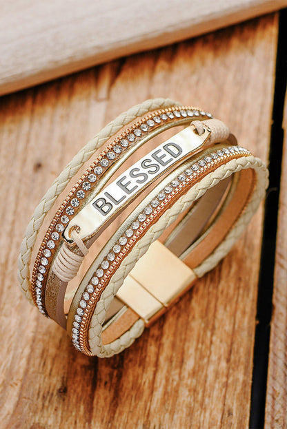 Blessed Rhinestone Braided Detail Buckle Bracelet | Beige