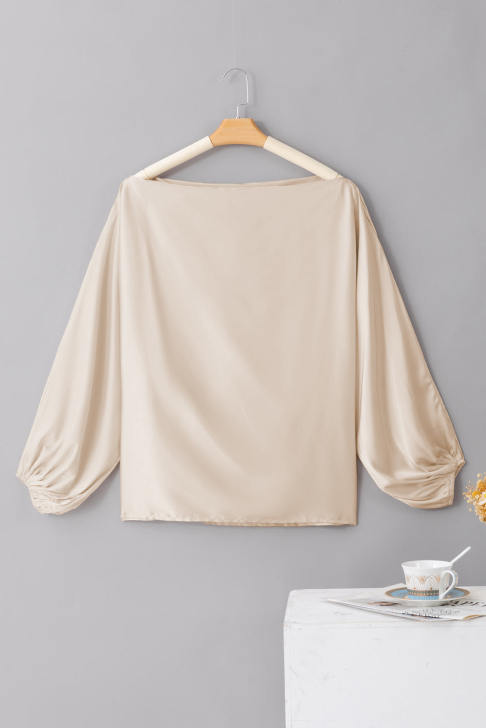 Asymmetrical Neck Balloon Sleeve Satin Blouse | Apricot